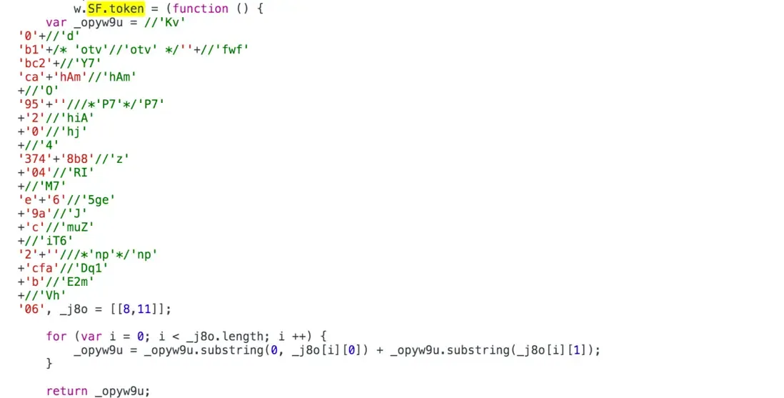 The token assignment in the SegmentFault login page