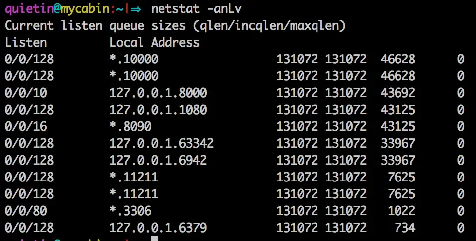 Output from netstat showing listening ports